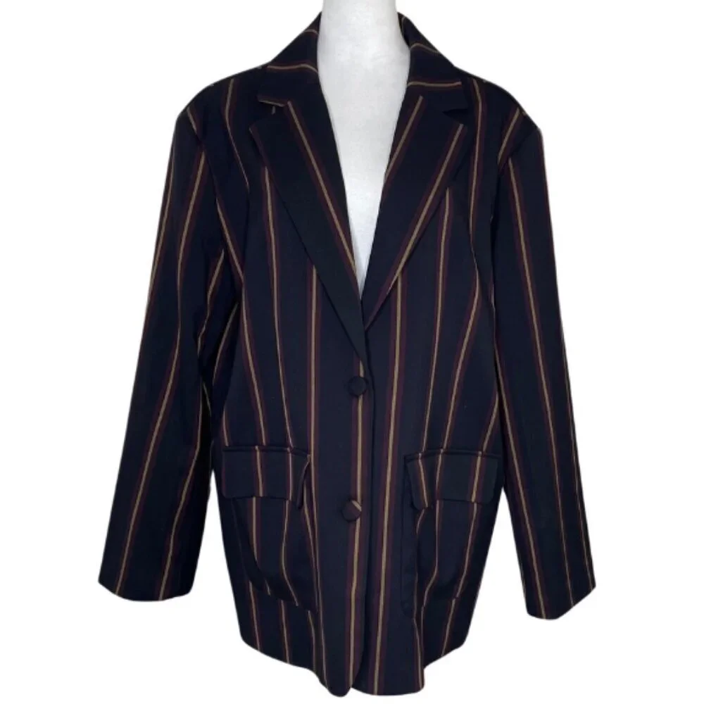 Forever 21 Dark Academia Striped Blazer Burgundy Gold Size M Preppy